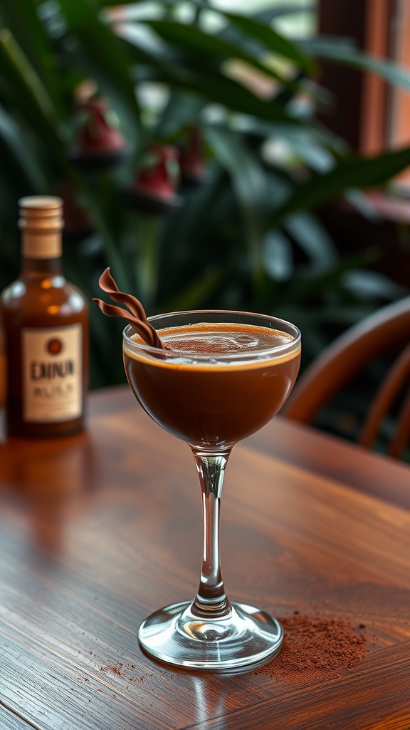 A cocktail glass filled with chocolate drink, garnished with twisted chocolate, next to a bottle of rum.