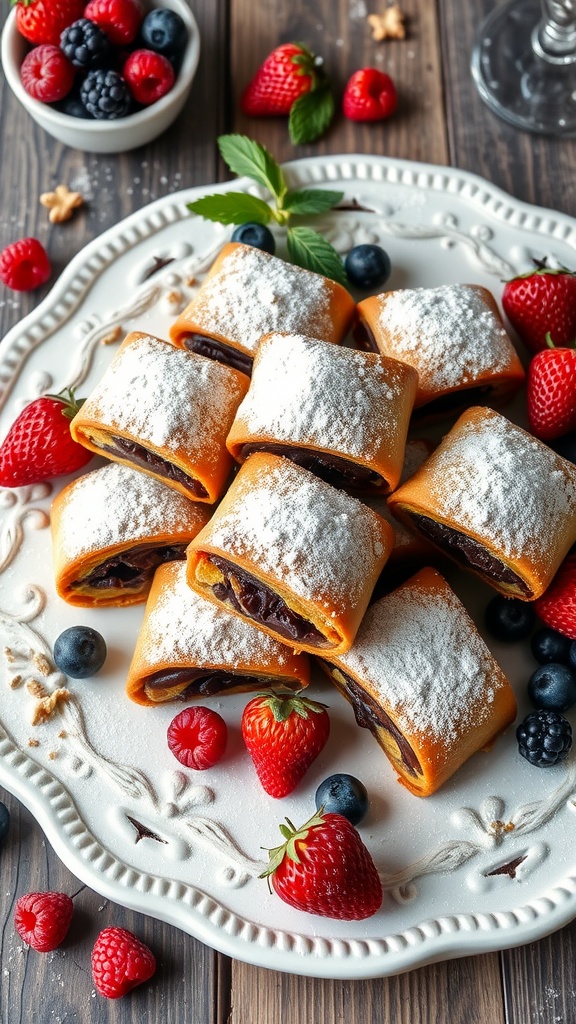A plate of chocolate walnut rugelach pastries, dusted with powdered sugar, surrounded by fresh berries.