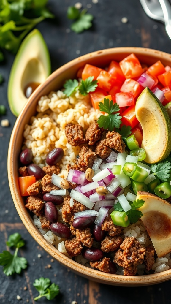 A bowl filled with chopped beef, rice, red beans, avocado, and garnished with cilantro and lime