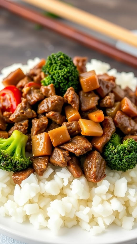 A plate of chopped beef with broccoli and rice, garnished with colorful vegetables.