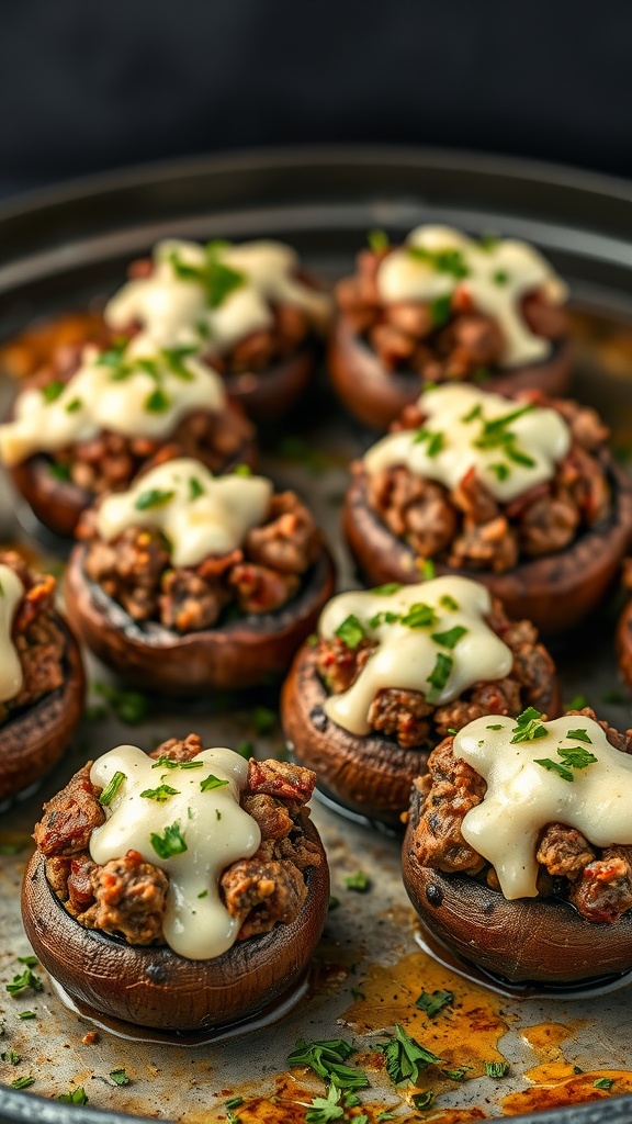 Chopped beef and cheese stuffed mushrooms on a baking tray