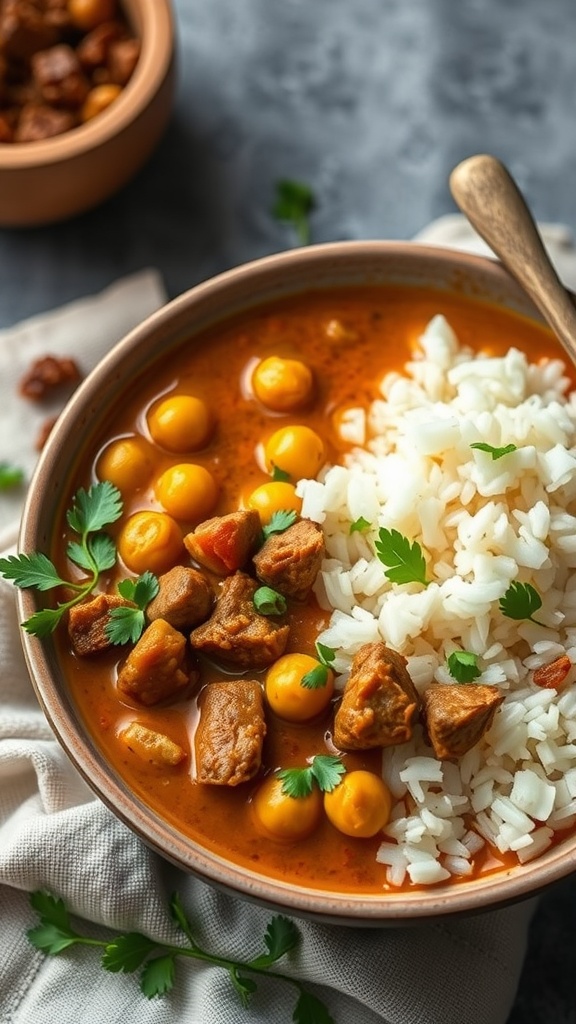 A bowl of chopped beef and chickpea curry served over rice, garnished with fresh herbs.