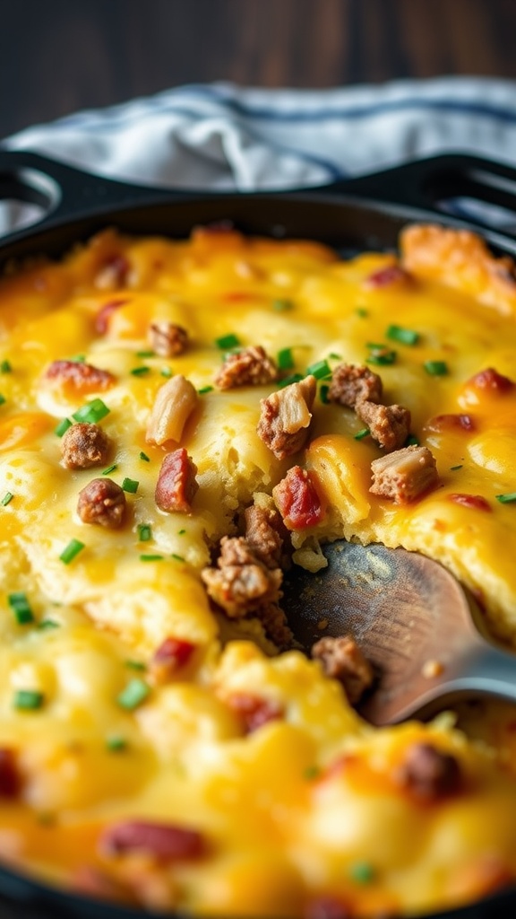 Chopped beef and cornbread bake in a black cast iron skillet