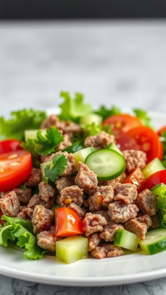 A plate of chopped beef salad with cucumbers, tomatoes, and greens.