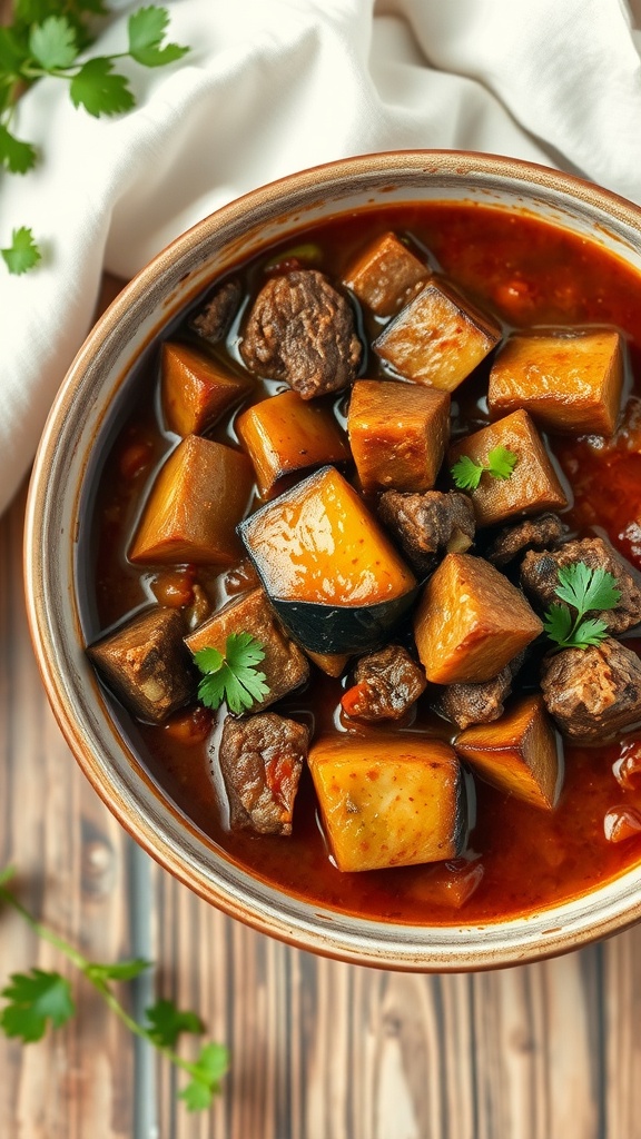 A bowl of chopped beef and eggplant stew garnished with herbs.