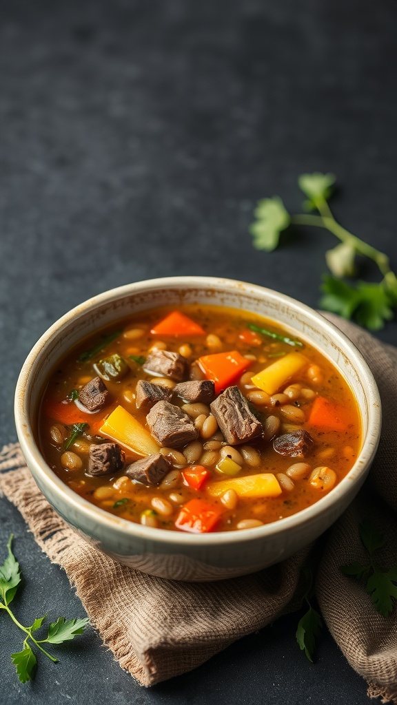 A bowl of chopped beef and lentil soup with colorful vegetables.
