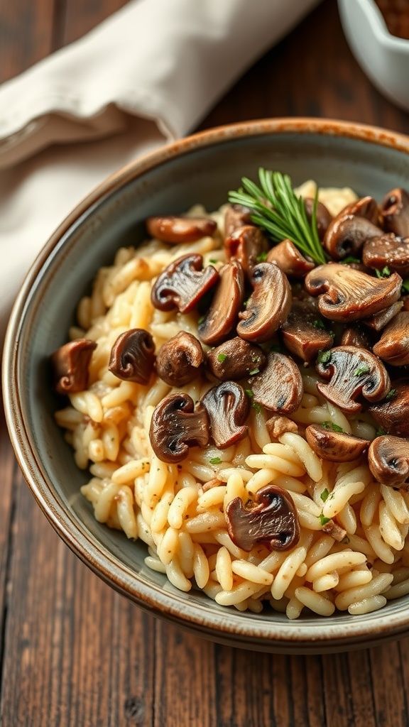 A bowl of creamy mushroom risotto topped with chopped beef and mushrooms, garnished with herbs.
