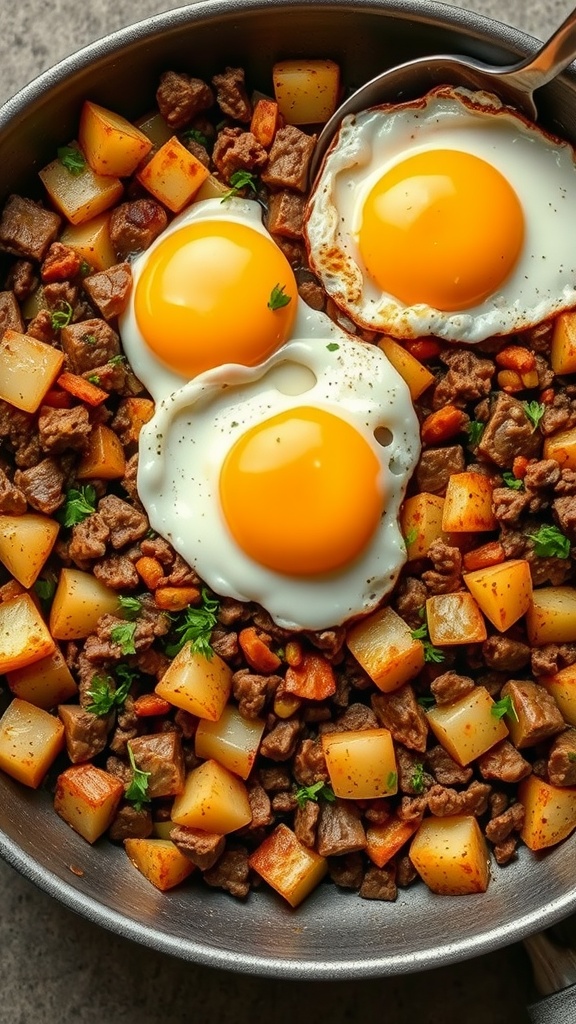 A skillet filled with chopped beef, diced potatoes, and three sunny-side-up eggs.