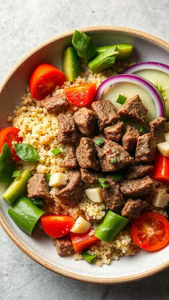 A bowl of chopped beef and quinoa salad with fresh vegetables