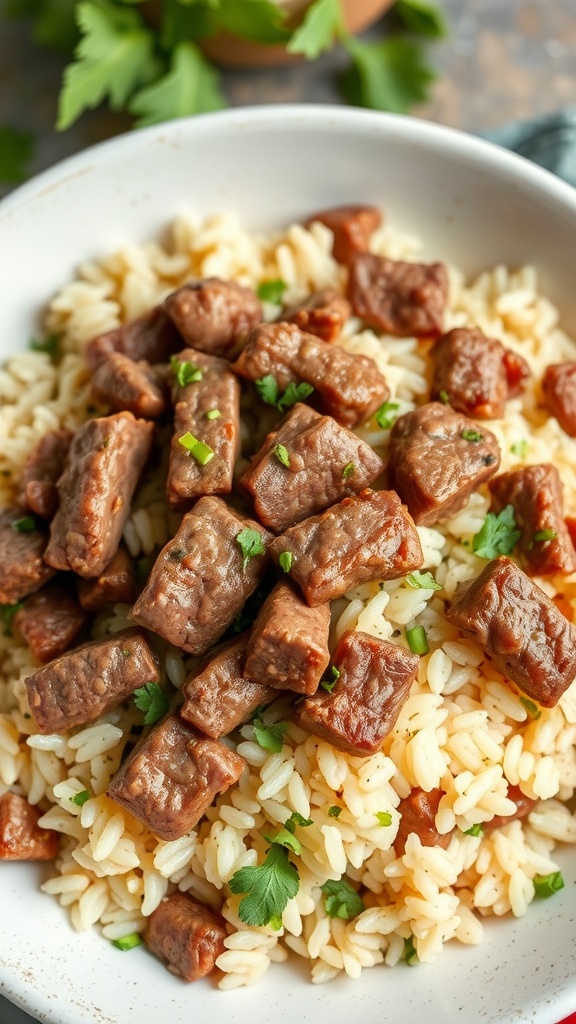A bowl of rice pilaf topped with chopped beef and fresh herbs.