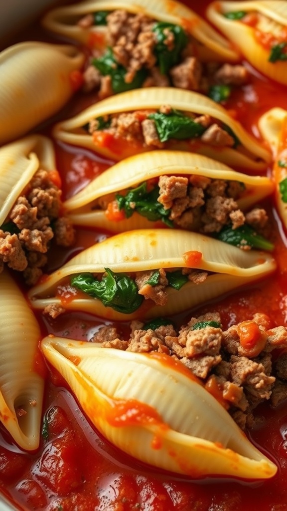 Chopped beef and spinach stuffed pasta shells in tomato sauce.