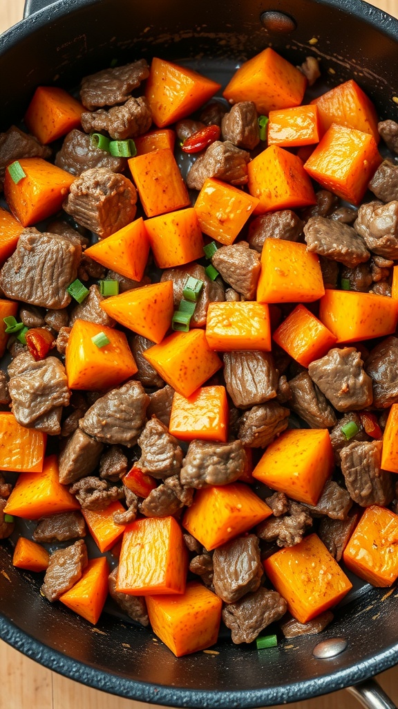 A pan filled with chopped beef and diced sweet potatoes, garnished with green onions.
