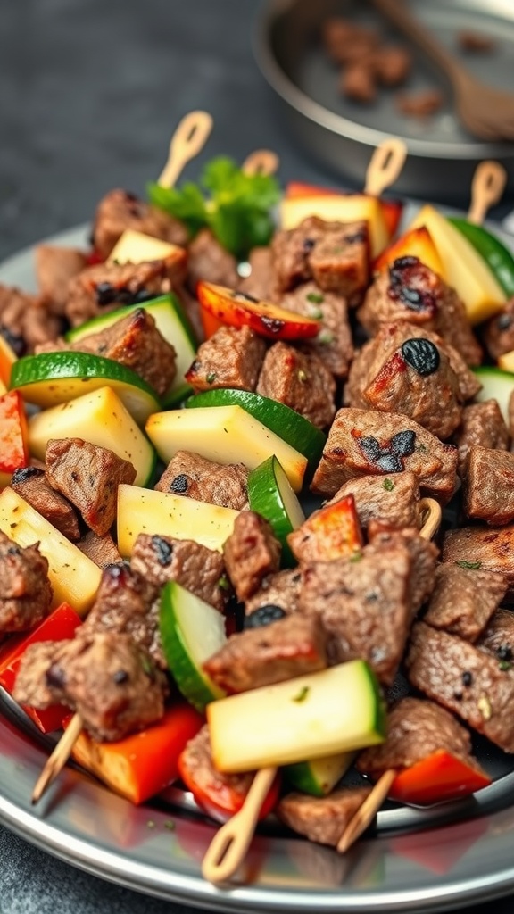 A plate of chopped beef and vegetable kebabs with colorful veggies.