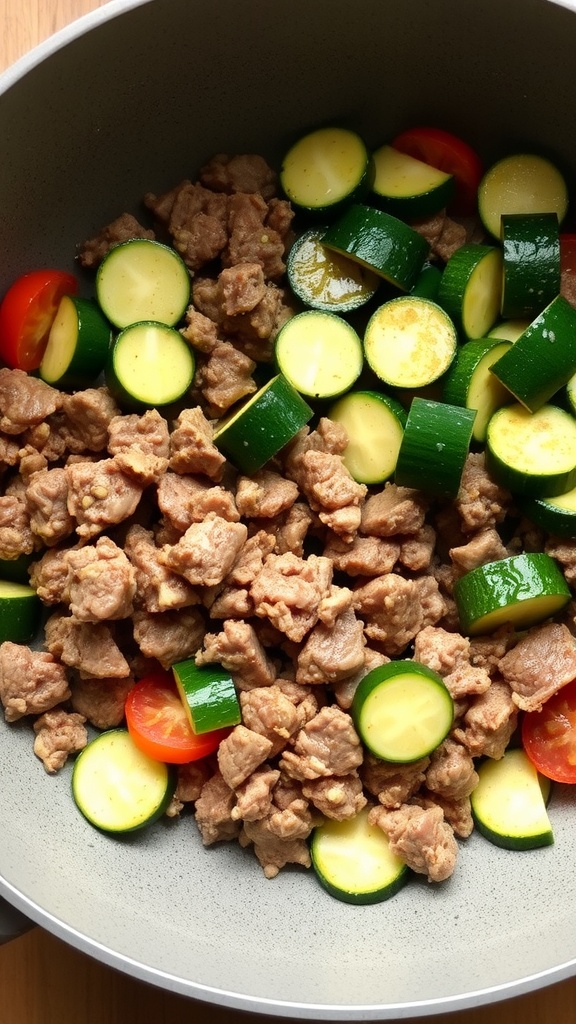 A skillet filled with chopped beef, zucchini, and tomatoes, showcasing a colorful and delicious meal preparation.