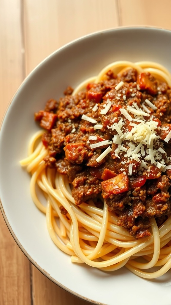 A bowl of chopped beef Bolognese pasta topped with shredded cheese.
