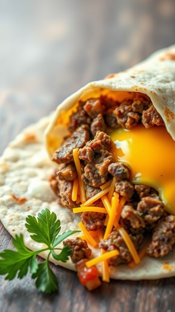 A close-up of a breakfast burrito filled with chopped beef, cheese, and an egg, garnished with a sprig of parsley.
