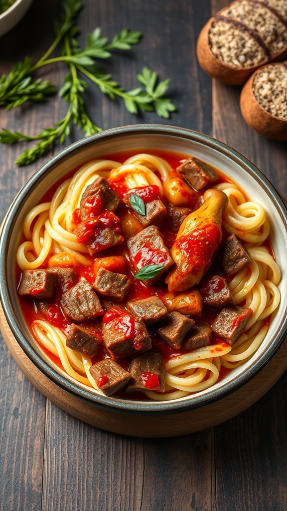 A bowl of chopped beef cacciatore with spaghetti and tomato sauce, garnished with herbs.