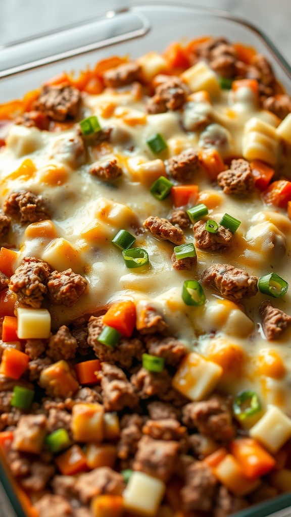 A close-up of a chopped beef casserole with melted cheese, vegetables, and green onions on top.