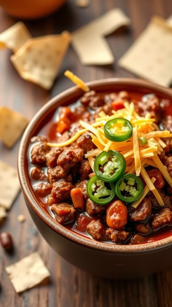 A bowl of chopped beef chili topped with cheese and sliced jalapeños.