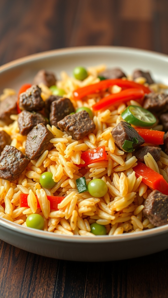 A bowl of chopped beef fried rice with colorful vegetables.