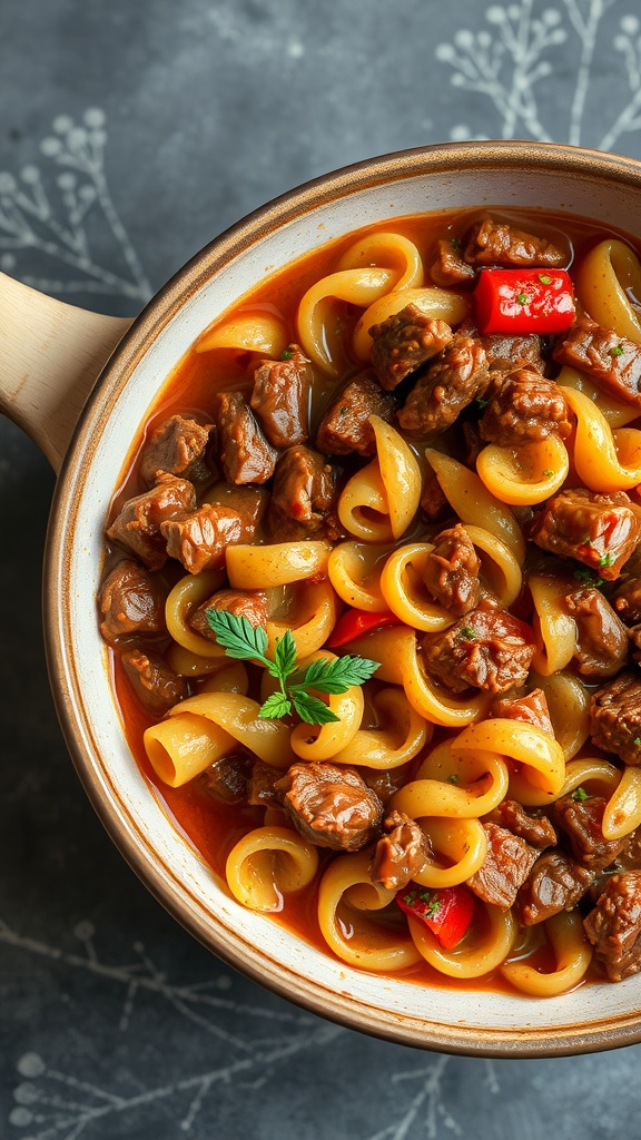 A bowl of chopped beef goulash with pasta and vegetables.