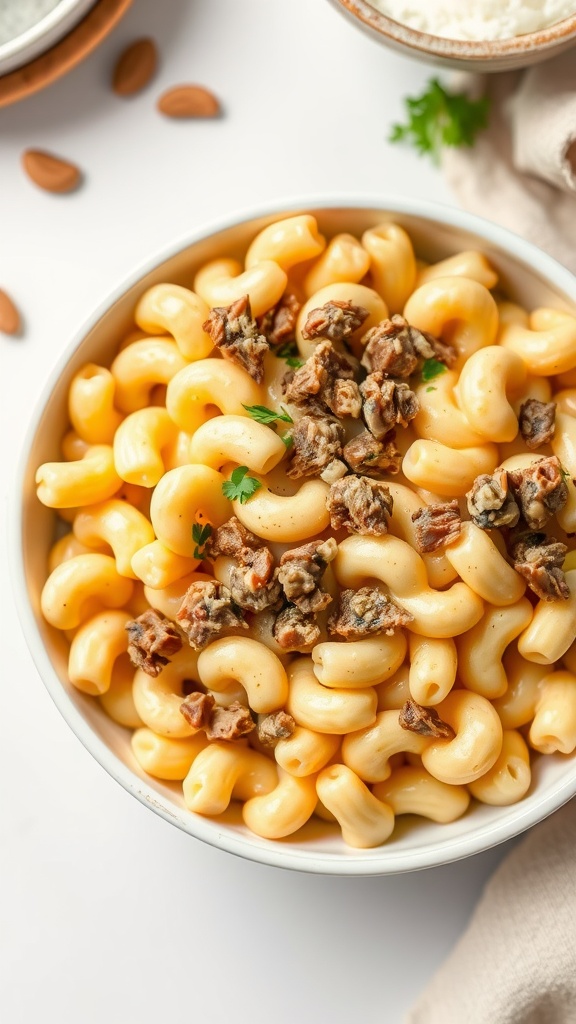 A bowl of macaroni and cheese topped with chopped beef.