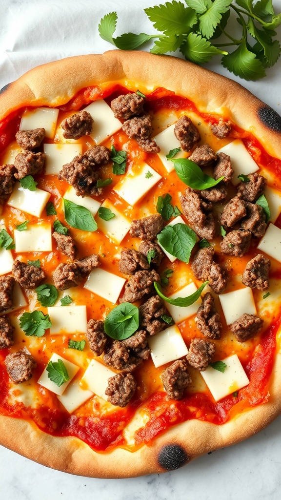 Chopped beef pizza topped with cheese and herbs