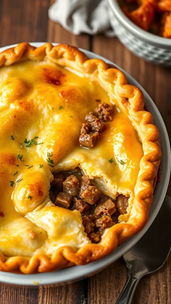 Chopped beef pot pie with flaky crust and visible vegetables