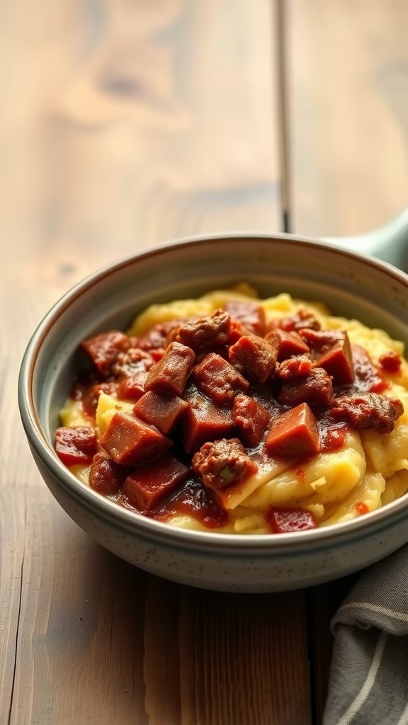 A bowl of chopped beef ragu served over creamy polenta on a wooden table.