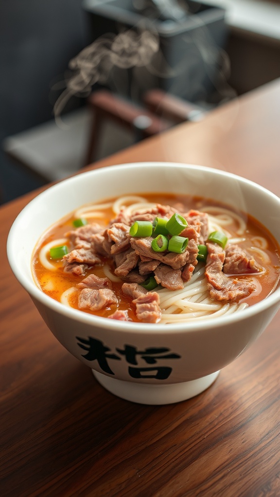 Bowl of chopped beef ramen with green onions on top