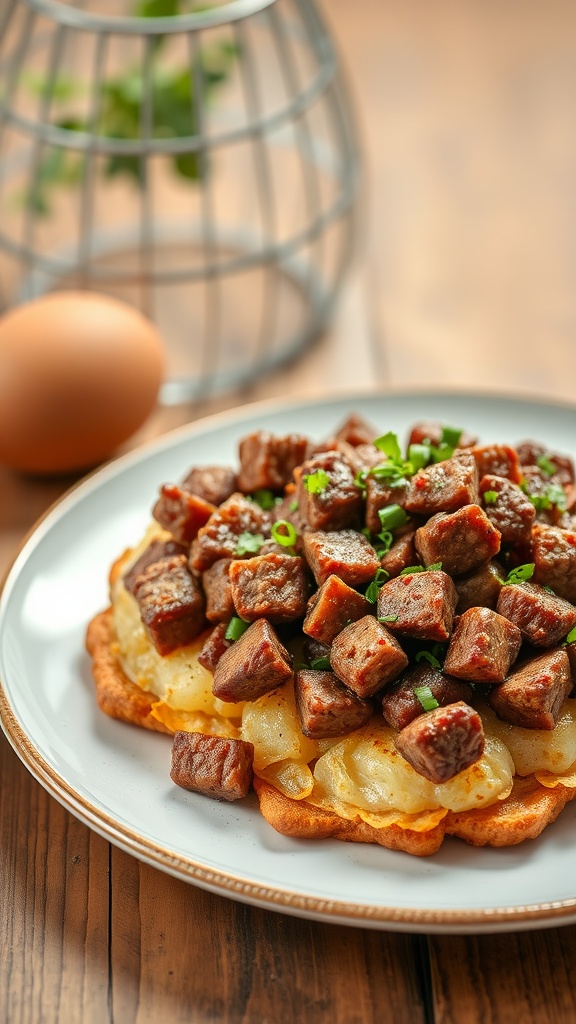 A plate of chopped beef rosti topped with green onions, served with an egg in the background.
