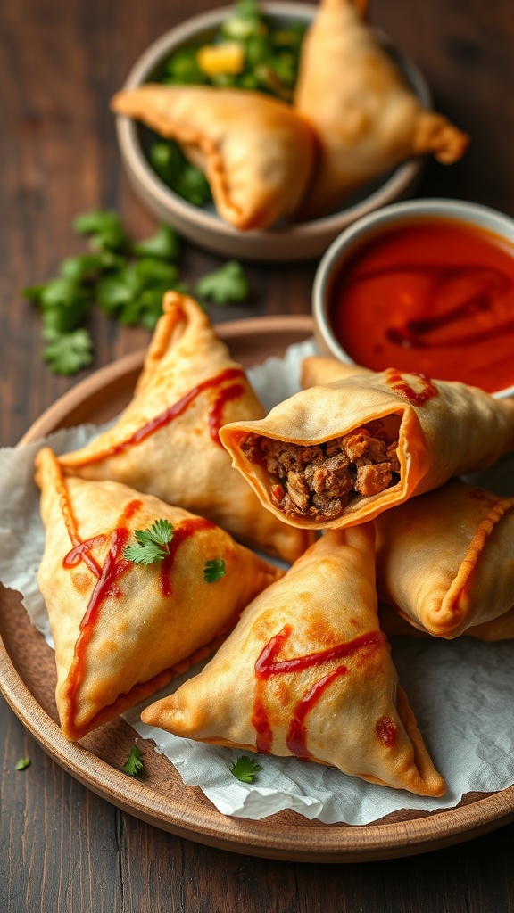 A plate of chopped beef samosas with a side of dipping sauce and salad.