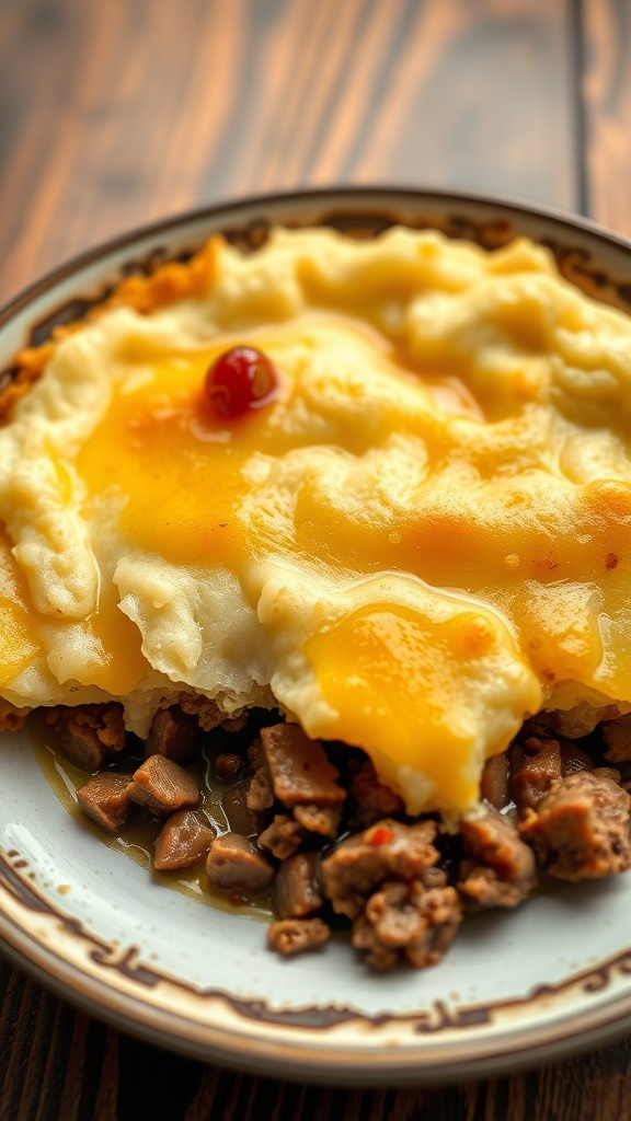 A delicious serving of chopped beef shepherd's pie with mashed potatoes and a cherry on top.