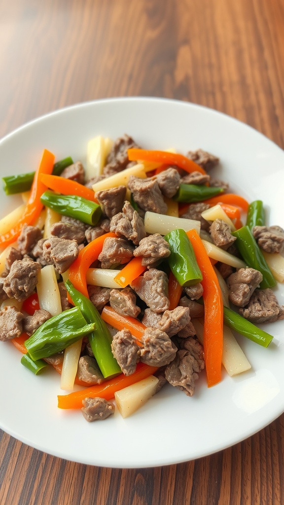 A plate of chopped beef stir-fry with various colorful vegetables.