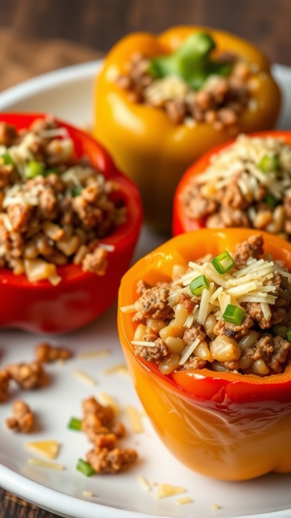 Chopped beef stuffed peppers filled with cheese and green onions on a plate