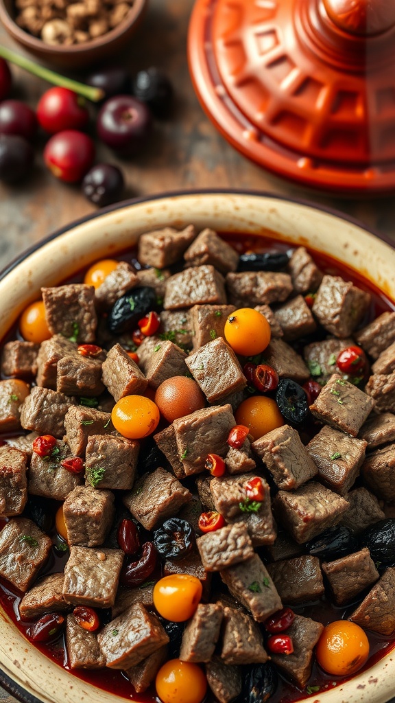 A flavorful chopped beef tagine with spices and colorful ingredients.