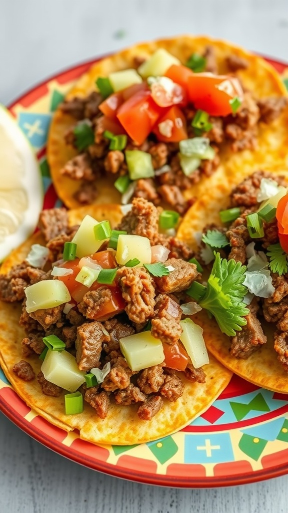 Three chopped beef tostadas topped with diced tomatoes, cucumbers, onions, and cilantro on a colorful plate.
