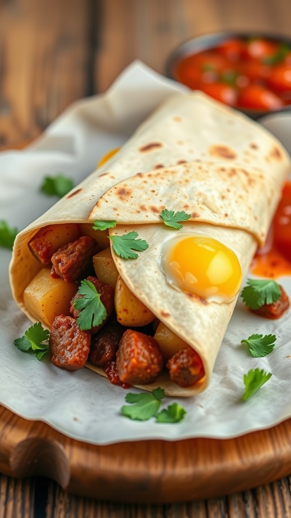 Chorizo and potato breakfast burrito with an egg on top, garnished with cilantro, served with salsa.