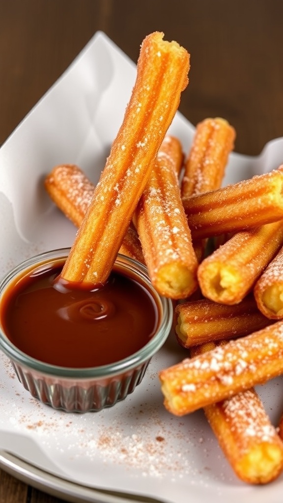 Delicious churros served with chocolate sauce