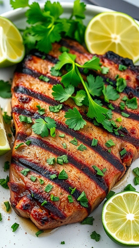 Grilled steak garnished with cilantro and lime wedges