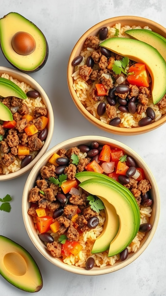Cilantro Lime Beef Burrito Bowls with ground beef, black beans, rice, and avocado slices.
