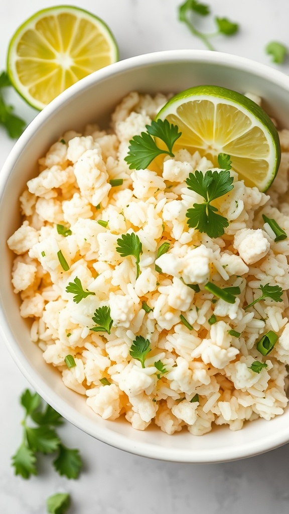 Bowl of cilantro lime rice with lime slices and fresh cilantro