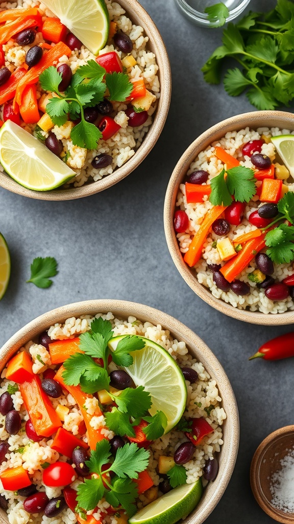 Cilantro lime rice bowls with black beans, red and yellow peppers, and lime slices.