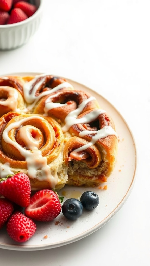 A plate of cinnamon roll casserole topped with icing and served with fresh strawberries and blueberries.
