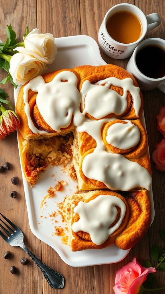 A delicious cinnamon roll casserole with icing on top, perfect for Mother