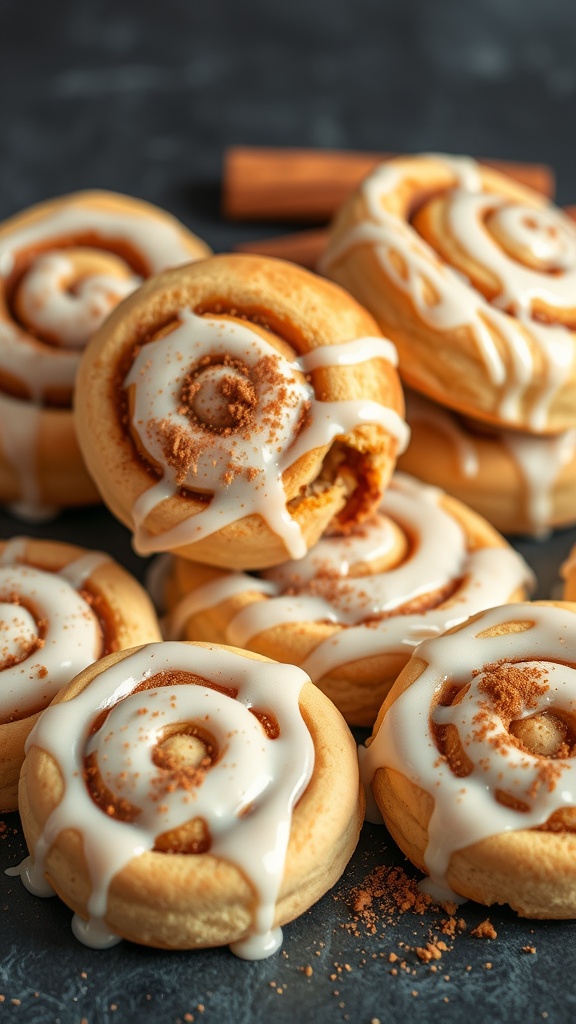 A close-up of cinnamon roll cookies with icing and cinnamon on top.