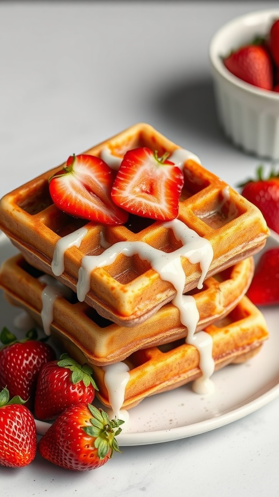 Stack of cinnamon roll waffles topped with strawberries and icing
