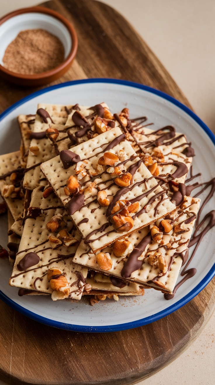 A plate of Cinnamon Sugar Matzah Crack stacked with chocolate drizzle and nuts.