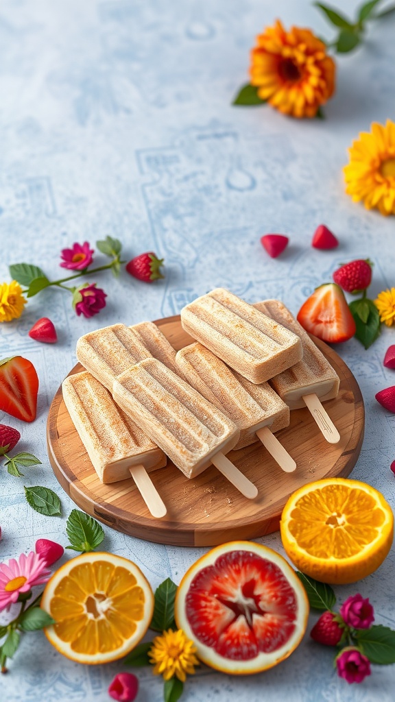 Cinnamon sugar paletas on a wooden platter surrounded by colorful fruits and flowers.