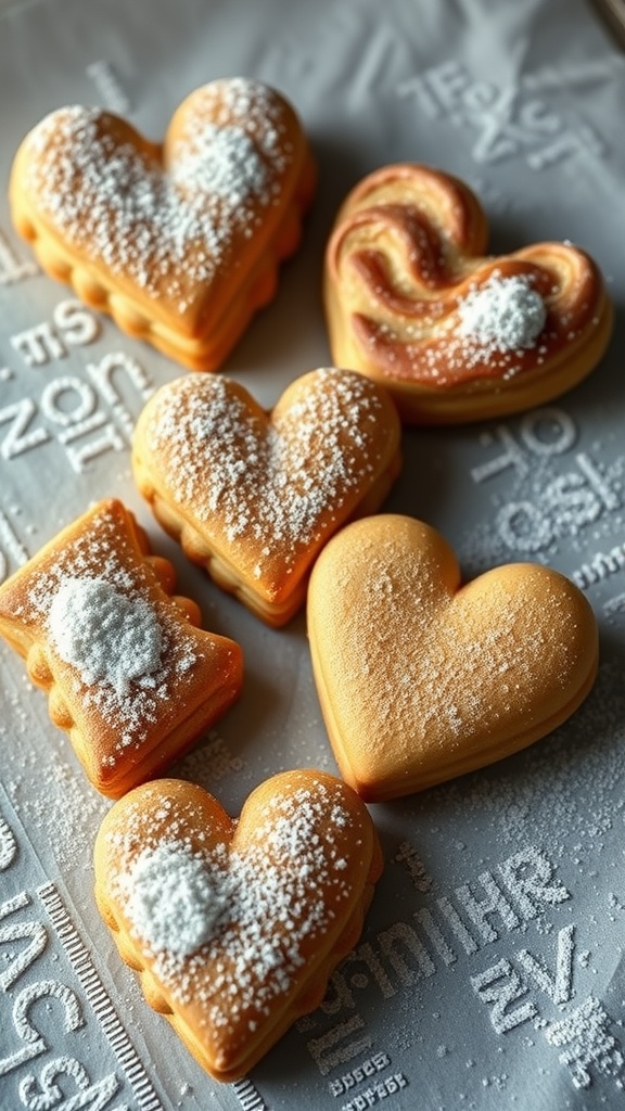 A variety of cinnamon sugar palmiers shaped like hearts and swirls, lightly dusted with powdered sugar, on a baking sheet.